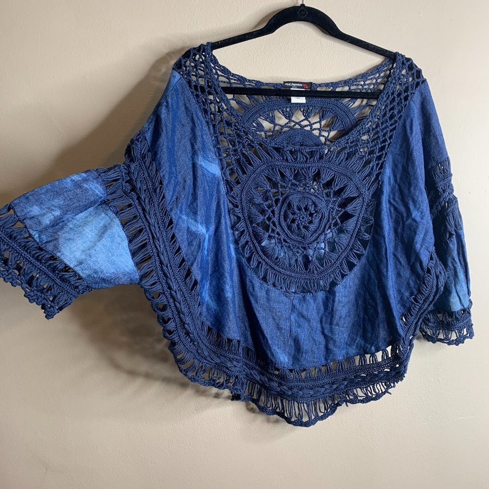 Chambray Macramé Tie Die Poncho Shirt